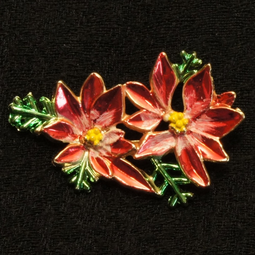 intage Poinsettia Brooch Red Green Enamel Christmas Holiday Pin